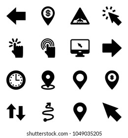 Solid vector icon set - left arrow vector, dollar pin, drawbridge road sign, cursor, hand touch, monitor, right, time, map, atm, up down arrows, trip, navigation