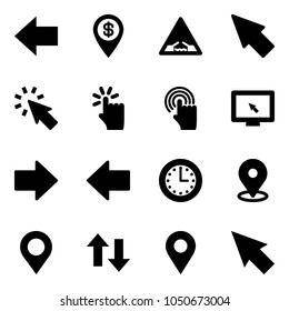 Solid vector icon set - left arrow vector, dollar pin, drawbridge road sign, cursor, hand touch, monitor, right, time, map, up down arrows, navigation