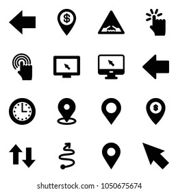 Solid vector icon set - left arrow vector, dollar pin, drawbridge road sign, hand touch, cursor, monitor, time, map, atm, up down arrows, trip, navigation