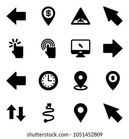 Solid vector icon set - left arrow vector, dollar pin, drawbridge road sign, cursor, hand touch, monitor, right, time, map, atm, up down arrows, trip, navigation