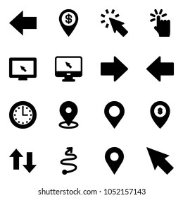 Solid vector icon set - left arrow vector, dollar pin, cursor, hand touch, monitor, right, time, map, atm, up down arrows, trip, navigation