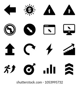 Solid vector icon set - left arrow vector, dollar sun, intersection road sign, no turn, detour, cursor browser, monitor, uplooad, redo, lightning, growth, career, target, chart, chevron