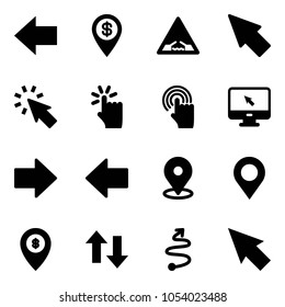 Solid vector icon set - left arrow vector, dollar pin, drawbridge road sign, cursor, hand touch, monitor, right, map, atm, up down arrows, trip