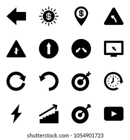 Solid Vector Icon Set - Left Arrow Vector, Dollar Sun, Pin, Turn Road Sign, Intersection, Only Forward, Detour, Monitor Cursor, Reload, Undo, Target, Clock Around, Lightning, Growth, Playback