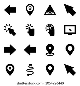 Solid vector icon set - left arrow vector, dollar pin, drawbridge road sign, cursor, hand touch, monitor, right, map, atm, trip, navigation