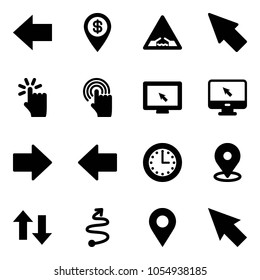 Solid vector icon set - left arrow vector, dollar pin, drawbridge road sign, cursor, hand touch, monitor, right, time, map, up down arrows, trip, navigation