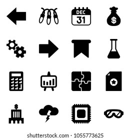 Solid vector icon set - left arrow vector, garland, 31 dec calendar, money bag, gear, right, flag, flask, calculator, presentation chart, puzzle, certificate, bank building, storm, cpu