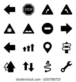 Solid vector icon set - left arrow vector, stop road sign, turn right, tunnel, rough, only, arrows up, map pin, signpost, down, trip, wrench