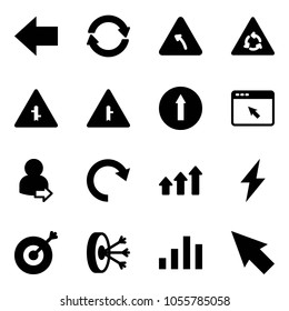 Solid vector icon set - left arrow vector, exchange, turn road sign, round motion, intersection, only forward, cursor browser, user login, redo, arrows up, lightning, target, solution, chart