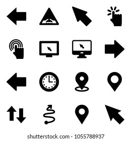 Solid vector icon set - left arrow vector, drawbridge road sign, cursor, hand touch, monitor, right, time, map pin, up down arrows, trip, navigation