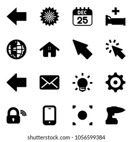 Solid vector icon set - left arrow vector, firework, 25 dec calendar, hospital bed, globe, home, cursor, mail, bulb, gear, wireless lock, mobile phone, record button, drill