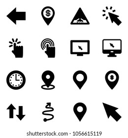 Solid vector icon set - left arrow vector, dollar pin, drawbridge road sign, cursor, hand touch, monitor, time, map, atm, up down arrows, trip, navigation