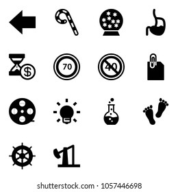 Solid vector icon set - left arrow vector, lollipop, snowball, stomach, account history, speed limit 70 road sign, end minimal, attachment, film coil, bulb, round flask, feet, hand wheel