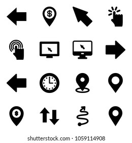 Solid vector icon set - left arrow vector, dollar pin, cursor, hand touch, monitor, right, time, map, atm, up down arrows, trip, navigation