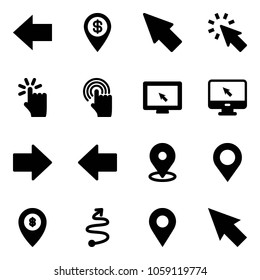 Solid vector icon set - left arrow vector, dollar pin, cursor, hand touch, monitor, right, map, atm, trip, navigation