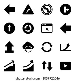 Solid vector icon set - left arrow vector, turn right road sign, no, only forward, circle, cursor browser, uplooad, refresh cloud, growth, rise, up down arrows, playback