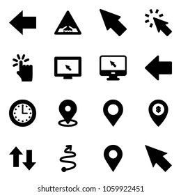 Solid vector icon set - left arrow vector, drawbridge road sign, cursor, hand touch, monitor, time, map pin, atm, up down arrows, trip, navigation