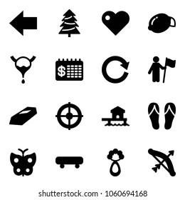 Solid vector icon set - left arrow vector, christmas tree, heart, lemon, bladder, finance calendar, reload, win, gold, target, bungalow, flip flops, butterfly, skateboard, beanbag, bow