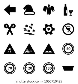 Solid vector icon set - left arrow vector, christmas hat, angel, wine, santa stick, sale, heart gear, no alcohol sign, slippery road, gravel, rough, speed limit 50, 70, 120, 130, basin