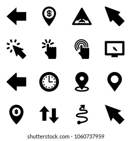 Solid Vector Icon Set - Left Arrow Vector, Dollar Pin, Drawbridge Road Sign, Cursor, Hand Touch, Monitor, Time, Map, Atm, Up Down Arrows, Trip