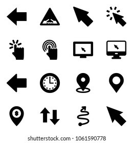 Solid vector icon set - left arrow vector, drawbridge road sign, cursor, hand touch, monitor, time, map pin, atm, up down arrows, trip