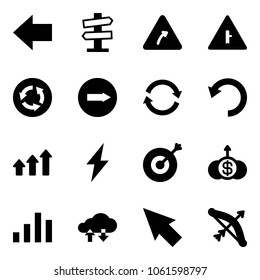 Solid vector icon set - left arrow vector, road signpost sign, turn right, intersection, circle, only, refresh, undo, arrows up, lightning, target, dollar growth, chart, cloud exchange data, cursor