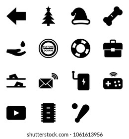 Solid vector icon set - left arrow vector, christmas tree, hat, broken bone, drop hand, customs road sign, lifebuoy, portfolio, flip flops, wireless mail, power bank, joystick, playback, chip