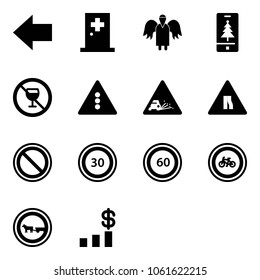 Solid vector icon set - left arrow vector, first aid room, angel, christmas mobile, no alcohol sign, traffic light road, gravel, narrows, prohibition, speed limit 30, 60, bike, cart horse
