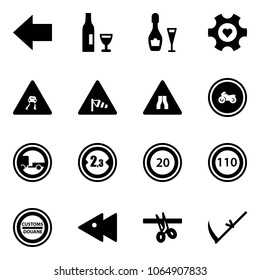 Solid vector icon set - left arrow vector, wine, heart gear, slippery road sign, side wind, narrows, no moto, trailer, limited width, speed limit 20, 110, customs, fast backward, opening, scythe