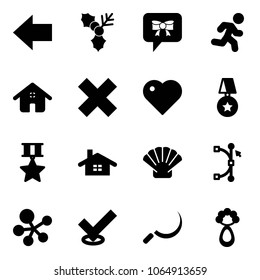 Solid vector icon set - left arrow vector, holly, bow message, run, home, delete cross, heart, star medal, shell, bezier, molecule, check, sickle, beanbag