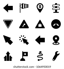 Solid Vector Icon Set - Left Arrow Vector, Side Wind, Dollar Pin, Road Signpost Sign, Giving Way, Turn Right, Tunnel, Detour, Cursor, Map, Arrows Up, Flag, Trip, Wrench