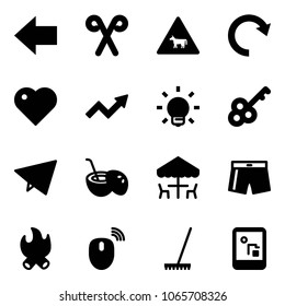 Solid vector icon set - left arrow vector, santa stick, cow road sign, redo, heart, growth, bulb, key, paper fly, coconut cocktail, outdoor cafe, swimsuit, fire, mouse wireless, rake, game console
