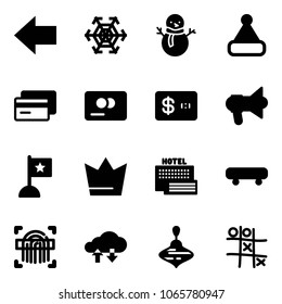Solid vector icon set - left arrow vector, snowflake, snowman, christmas hat, credit card, megaphone, flag, crown, sea hotel, skateboard, fingerprint scanner, cloud exchange data, wirligig toy