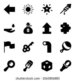 Solid vector icon set - left arrow vector, sun, christmas star, firework rocket, drop hand, money bag, uplooad, puzzle, flag, key, allen, beanbag, cube toy