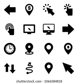 Solid vector icon set - left arrow vector, dollar pin, cursor, hand touch, monitor, right, time, map, atm, up down arrows, trip, navigation