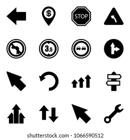 Solid vector icon set - left arrow vector, dollar pin, stop road sign, turn, no, limited height, overtake, only forward right, cursor, undo, arrows up, signpost, down, wrench