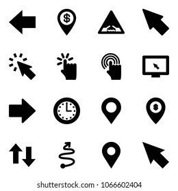 Solid vector icon set - left arrow vector, dollar pin, drawbridge road sign, cursor, hand touch, monitor, right, time, map, atm, up down arrows, trip, navigation