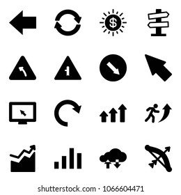 Solid vector icon set - left arrow vector, exchange, dollar sun, road signpost sign, turn, intersection, detour, cursor, monitor, redo, arrows up, career, growth, chart, cloud data, bow