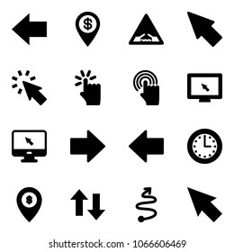 Solid vector icon set - left arrow vector, dollar pin, drawbridge road sign, cursor, hand touch, monitor, right, time, atm map, up down arrows, trip