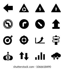 Solid vector icon set - left arrow vector, round motion road sign, intersection, no turn, only right, detour, uplooad, target, growth, signpost, dollar, up down arrows, chart, cloud exchange data