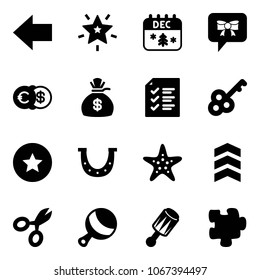 Solid vector icon set - left arrow vector, christmas star, calendar, bow message, euro dollar, money bag, list, key, medal, luck, starfish, chevron, scissors, beanbag, puzzle
