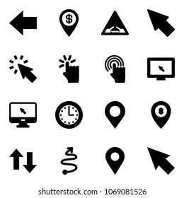 Solid vector icon set - left arrow vector, dollar pin, drawbridge road sign, cursor, hand touch, monitor, time, map, atm, up down arrows, trip, navigation