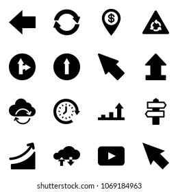 Solid vector icon set - left arrow vector, exchange, dollar pin, round motion road sign, only forward right, cursor, uplooad, refresh cloud, clock around, growth, signpost, rise, data, playback