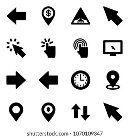 Solid vector icon set - left arrow vector, dollar pin, drawbridge road sign, cursor, hand touch, monitor, right, time, map, atm, up down arrows