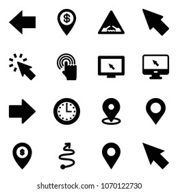 Solid vector icon set - left arrow vector, dollar pin, drawbridge road sign, cursor, hand, monitor, right, time, map, atm, trip, navigation