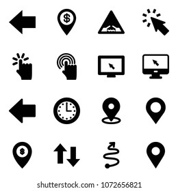 Solid vector icon set - left arrow vector, dollar pin, drawbridge road sign, cursor, hand touch, monitor, time, map, atm, up down arrows, trip, navigation
