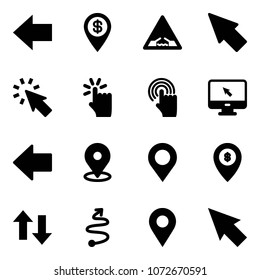 Solid vector icon set - left arrow vector, dollar pin, drawbridge road sign, cursor, hand touch, monitor, map, atm, up down arrows, trip, navigation
