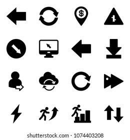 Solid Vector Icon Set - Left Arrow Vector, Exchange, Dollar Pin, Intersection Road Sign, Detour, Monitor Cursor, Download, User Login, Refresh Cloud, Reload, Fast Forward, Lightning, Career