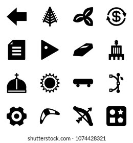 Solid vector icon set - left arrow vector, christmas tree, three leafs, dollar exchange, document, play, gold, bank building, crown, sun, skateboard, bezier, gear, boomerang, bow, cube hole toy