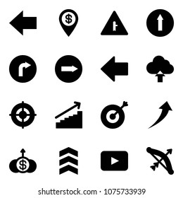Solid vector icon set - left arrow vector, dollar pin, intersection road sign, only forward, right, upload cloud, target, growth, chevron, playback, bow